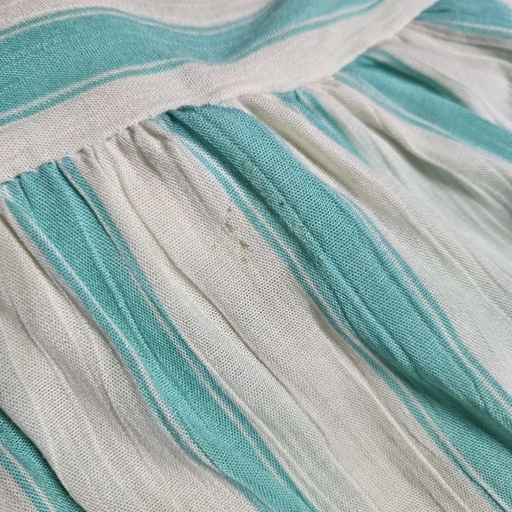 Vintage 80s Phoebe Peplum Midi Dress Aqua Green Ivory Stripe Rayon sz 5-6 - Picture 6 of 9
